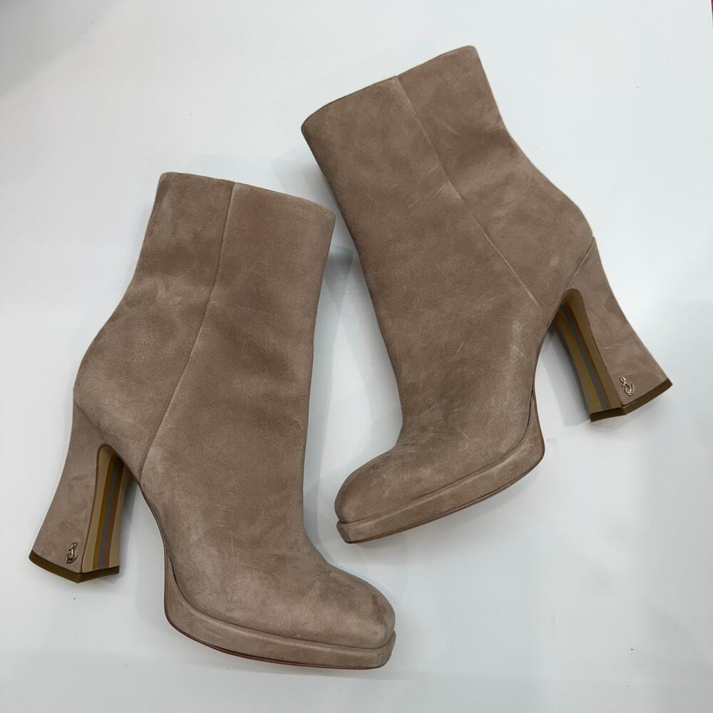 $180 Sam Edelman Taupe Heeled Platform Jaye Boots 8.5 in Cashmere Suede Color